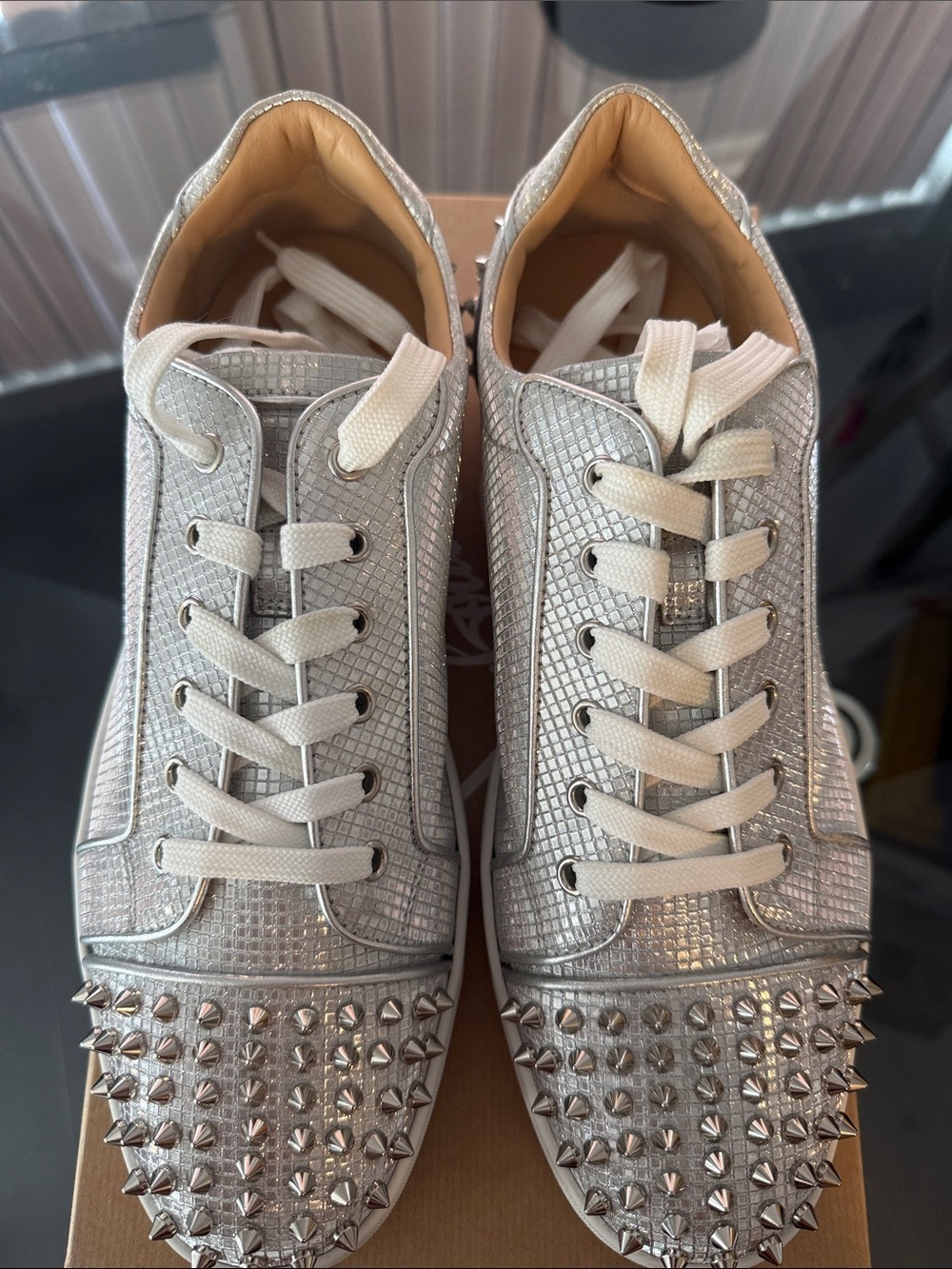 Christian Louboutin Silver Crystal Spike Low-Top Sneakers - Picture 5 of 8